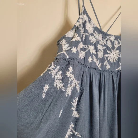 Free People Intimately Blue Dress with White Floral Embroidery Large - Picture 2 of 10